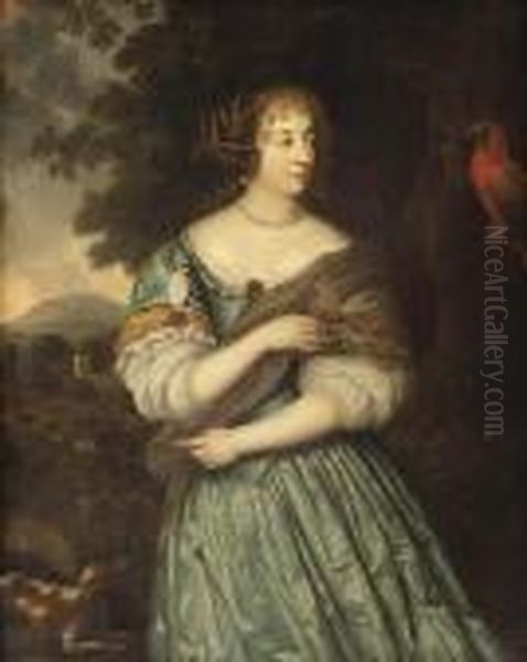 Portrait Of A Lady, 
Three-quarter-length, In A Blue Dress Withpearls And A Silver Coloured 
Wrap, In A Landscape With A Dog And Aparrot To Her Side Oil Painting by Caspar Netscher