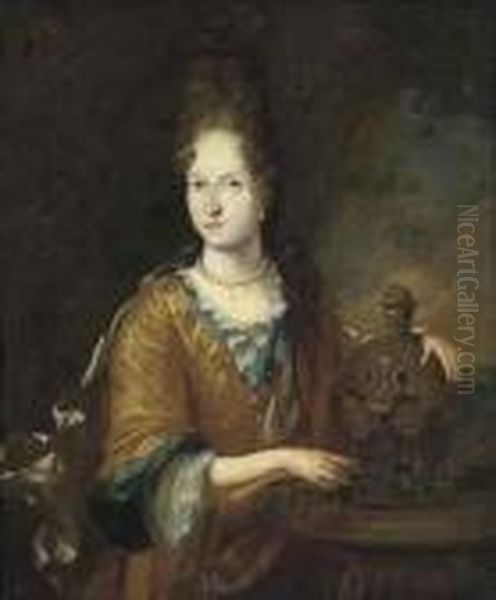 Portrait Of A Lady, 
Three-quarter-length, In A Rust And Blue Dressbeside A Fountain In A 
Landscape Oil Painting by Caspar Netscher