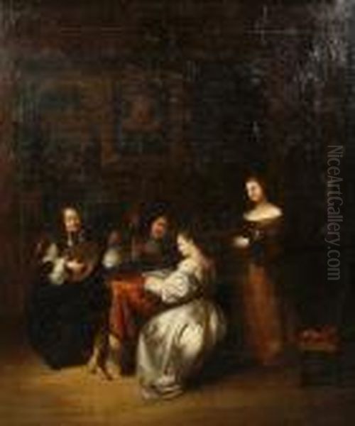 Figures In An Interior Oil Painting by Caspar Netscher