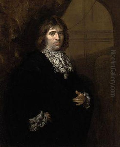 Portrait Of A Gentleman, Half-length, In Black, Under An Arch Oil Painting by Caspar Netscher