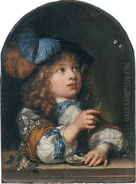 A Young Boy Making Bubbles Oil Painting by Caspar Netscher