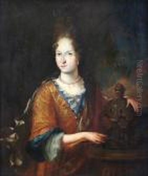 A Portrait Of Lady, Waist Length, Standing Byan Urn Oil Painting by Caspar Netscher