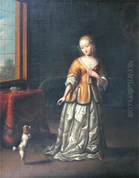 A Young Lady With A Playful Dog In An Interior Oil Painting by Caspar Netscher