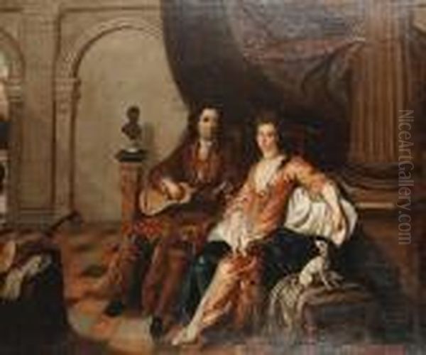 Interior With Husband And Wife Oil Painting by Caspar Netscher