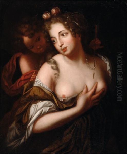 Venus And Amor Oil Painting by Caspar Netscher