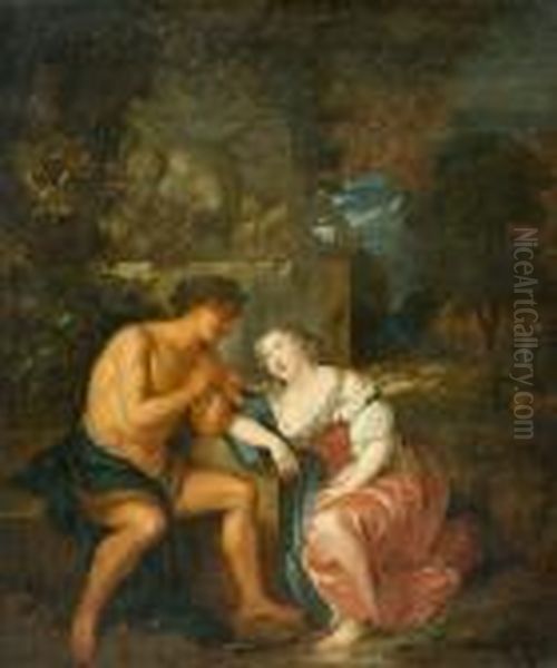 Shepherd And Shepherdess In A Landscape Oil Painting by Caspar Netscher