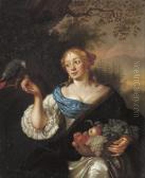 Portrait Of A Lady, 
Three-quarter-length, In A White Dress With Ablue Sash, Holding A Basket
 Of Fruit, Feeding A Parrot, In Alandscape Oil Painting by Caspar Netscher