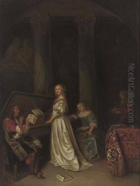 Elegant Company Making Music In An Interior Oil Painting by Caspar Netscher