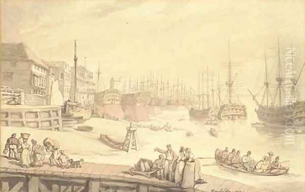 The West India Docks, Blackwall, with warships lying on the stocks Oil Painting by Thomas Rowlandson