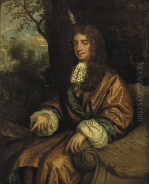 Portrait Of A Gentleman, 
Three-quarter-length, In An Orange And Blue Costume With White Cuffs And
 A Lace Jabot, Seated In A Sculpted Chair, A Landscape Beyond Oil Painting by Caspar Netscher