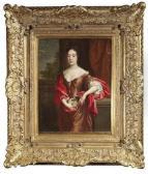 Portrait Of A Noblewoman With A Small Dog. Three Quarter Length. Oil/canvas/canvas Oil Painting by Caspar Netscher