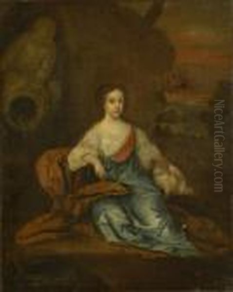 Portrait Of A Noblewoman With Spaniel, Seated In A Landscape Beforea Fountain Oil Painting by Caspar Netscher