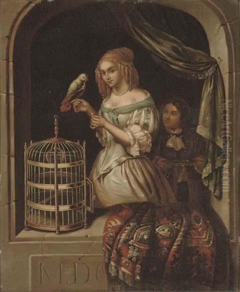 A Lady With A Parrot At A Casement Oil Painting by Caspar Netscher