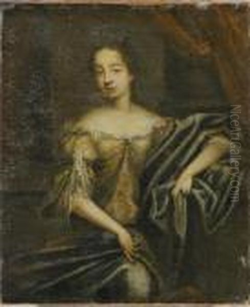 Portrait Of A Lady In An Embroidered Silk Dress Oil Painting by Caspar Netscher