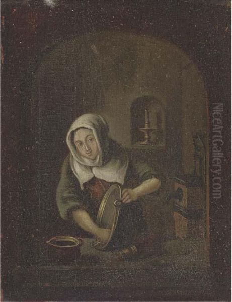 A Washerwoman At A Casement Oil Painting by Caspar Netscher