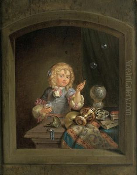 Un Ragazzo Con Stoviglie Preziose E Bolle Di Sapone Davanti A Una Finestra Oil Painting by Caspar Netscher