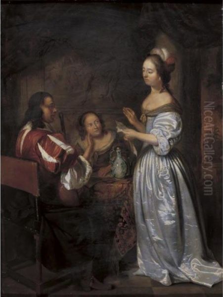 N - 17th Century A Musical Company Oil Painting by Caspar Netscher