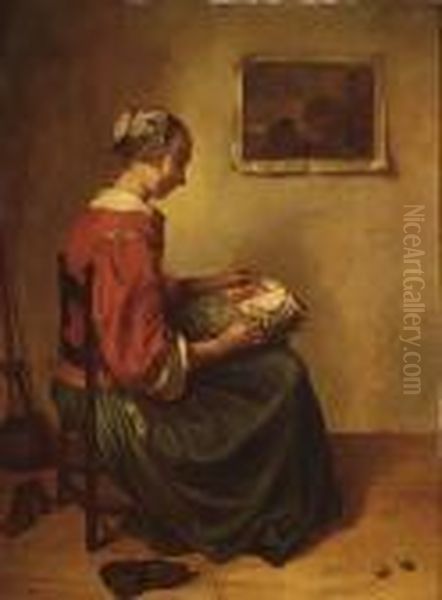 Lady Making Lace In An Interior Oil Painting by Caspar Netscher