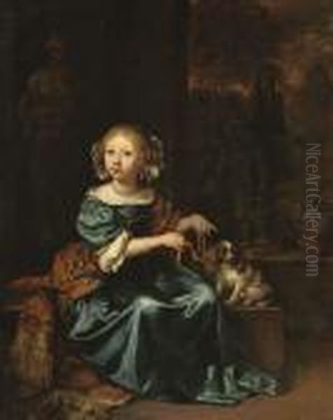 Portrait Of A Girl In A Blue 
Dress And Red Shawl With A Spaniel Inan Interior On A Terrace Oil Painting by Caspar Netscher