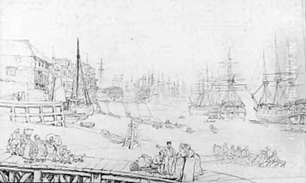 The Thames at Deptford, London, with figures in the foreground Oil Painting by Thomas Rowlandson