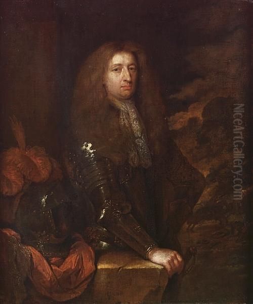 Portrait Of An Officer, Small 
Three-quarter-length, In Armour And A Lace Jabot, His Hand Resting On A 
Partially Draped Stone Plinth With A Plumed Helmet, A View To A Battle 
Beyond Oil Painting by Caspar Netscher