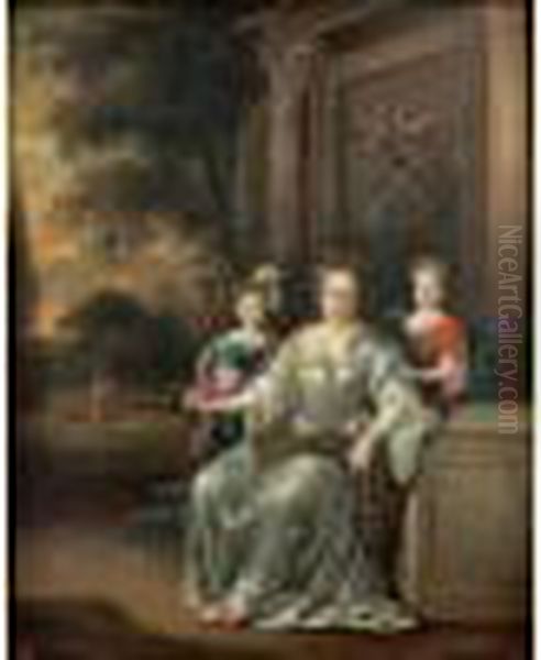 Portrait De Dame Et De Ses Deux Filles Dans Un Parc Oil Painting by Caspar Netscher