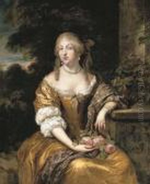 Portrait Of A Lady, Three-quarter-length, In A Gold Satin Gown,seated In A Garden Oil Painting by Caspar Netscher