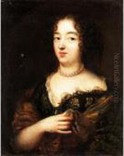 Portrait Of A Lady, Half Length, Wearing A Green And Gold Dress Oil Painting by Caspar Netscher