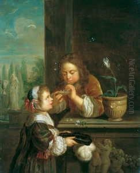 Knabe Und Madchen Mit Seifenblasen Spielend. Oil Painting by Caspar Netscher