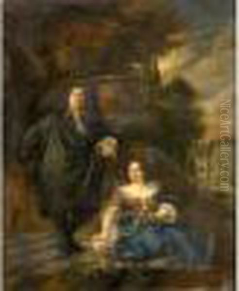 Couple D'elegants Dans Un Paysage Oil Painting by Caspar Netscher