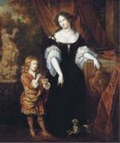 Portrait Of A Lady In A Black Dress, With A Boy By A Fountain Oil Painting by Caspar Netscher