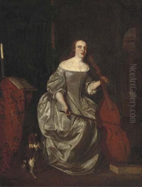 A Lady Playing A Cello In An Interior With A Dog At Her Side Oil Painting by Caspar Netscher