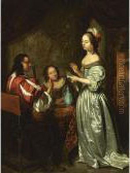 An Interior Scene With An 
Elegant Lady Reading A Letter, A Man Playing The Lute And A Woman 
Listening At The Table Oil Painting by Caspar Netscher