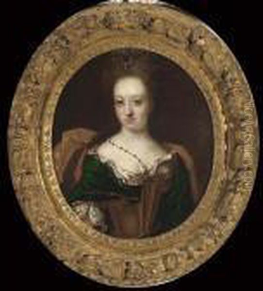 A Portrait Of Marquise Von 
Hoensbroech-von Schillard, Bust Length, Wearing A Green And Red Dress 
With A Lace Collar And Lace Sleeves And A Light-pink Cloak Oil Painting by Caspar Netscher