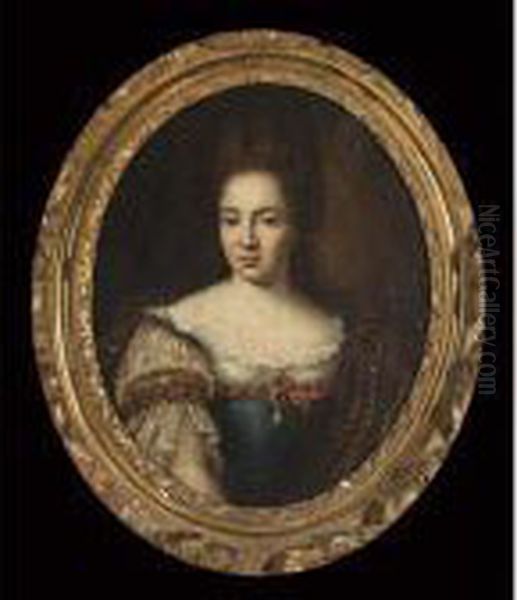 A Portrait Of Maria Catharina 
Von Loe, Prioress Of Neutz, Bust Length, Wearing A Blue Dress With A 
White Lace Collar And Lace Sleeves Oil Painting by Caspar Netscher