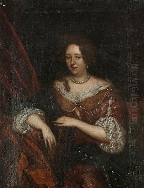 Portrait Of A Lady, 
Three-quarter-length, In A Brown Dress With Lace Edging And A Pearl 
Necklace Oil Painting by Caspar Netscher