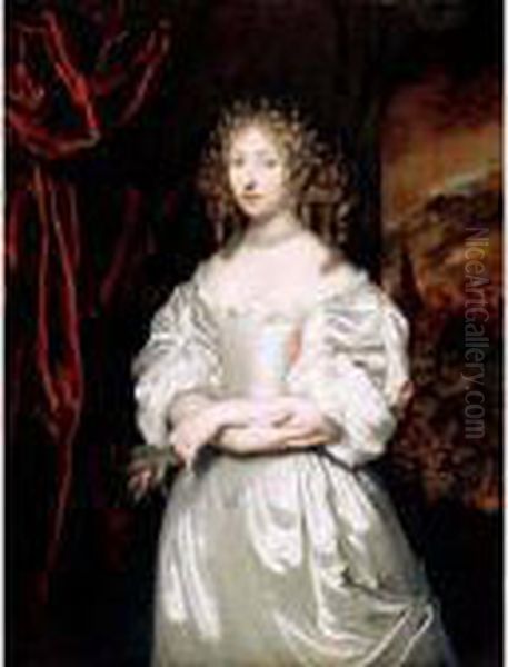 Portrait Of Suzanna Huygens, 
Standing Three-quarter Length In White Satin, An Evening Landscape 
Beyond Oil Painting by Caspar Netscher