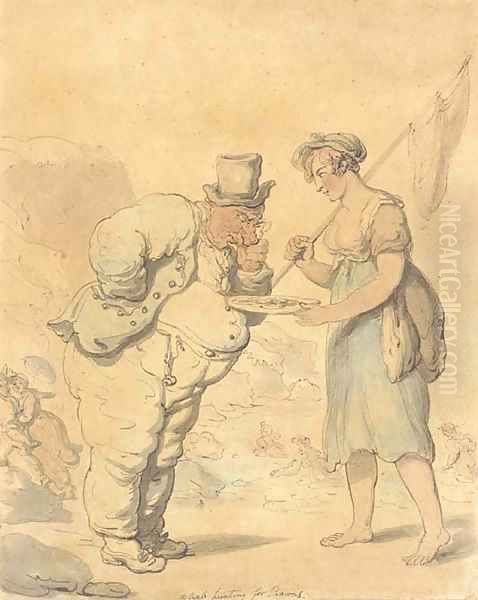 A crab hunting for prawns Oil Painting by Thomas Rowlandson