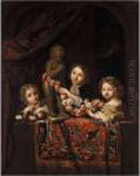 Three Children Playing With Garlands Oil Painting by Caspar Netscher