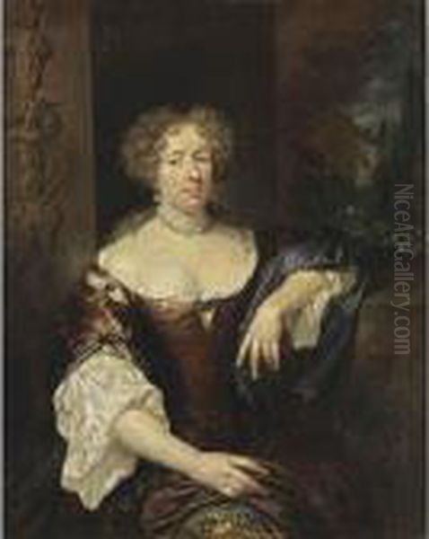 A Portrait Of A Lady, Seated 
Three-quarter Length, Wearing A Red Dress With Blue Sleeves And A 
Gilt-embroidered Underskirt, A White Chemise, Pearl Jewellery, A Blue 
Shawl Draped On Her Left Arm, In A Park Setting Oil Painting by Caspar Netscher