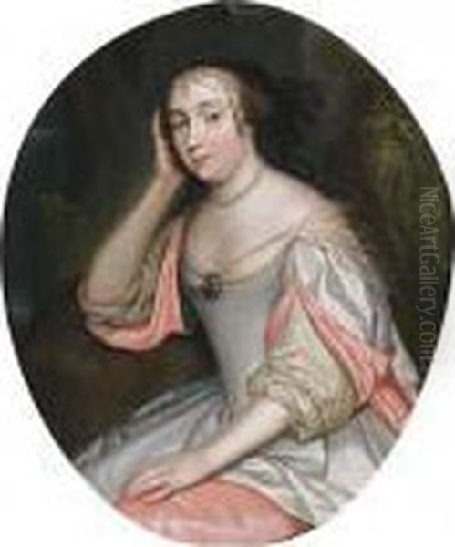 A Portrait Of A Lady, Seated 
Three-quarter Length, Wearing A Pink And White Satin Dress And Pearl 
Jewellery, In A Park Setting Oil Painting by Caspar Netscher