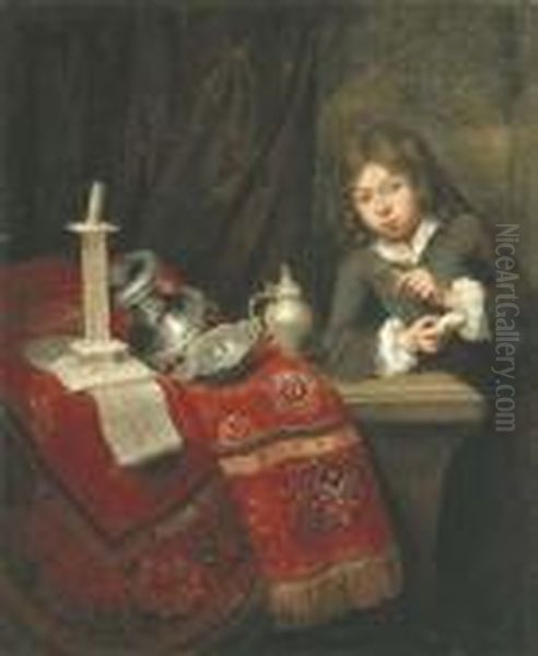 A Boy Blowing Bubbles Oil Painting by Caspar Netscher