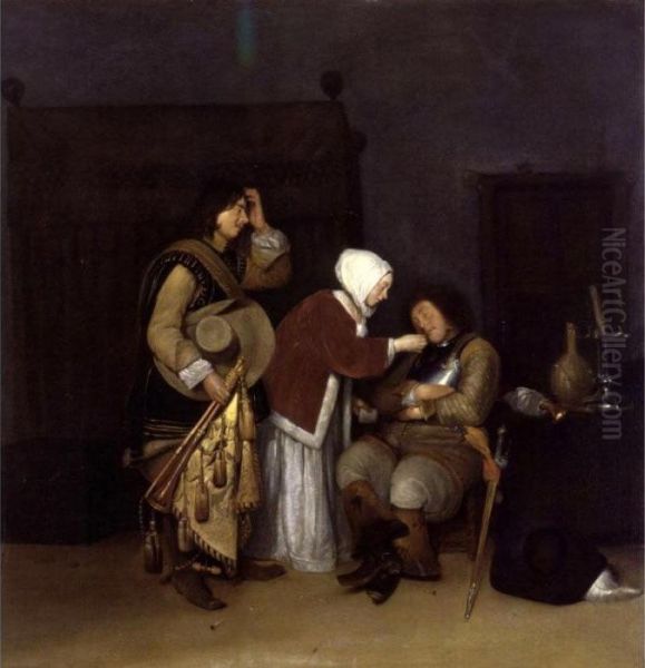 Interior With A Sleeping Soldier Oil Painting by Caspar Netscher