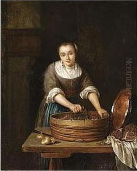 A Maid Chopping Red Cabbage Oil Painting by Caspar Netscher