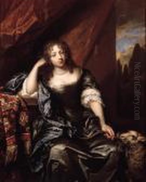 Portrait Of A Lady, Seated Small
 Three Quarter Length On A Drapedbalcony, Wearing A Grey Silk Dress With
 Lace Chemise, Blue Wrap Andpearl Necklace, Holding A Branch In Her Left
 Hand, Her Head Restingon Her Right Arm, Sheep Nearby Oil Painting by Caspar Netscher