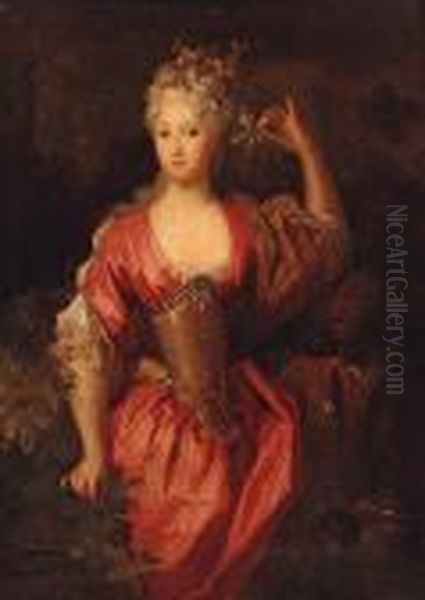 Portrait Of A Lady, Small 
Three-quarter-length, In A Red Dress Withflowers In Her Hair, A Negro 
Page At Her Side Oil Painting by Caspar Netscher