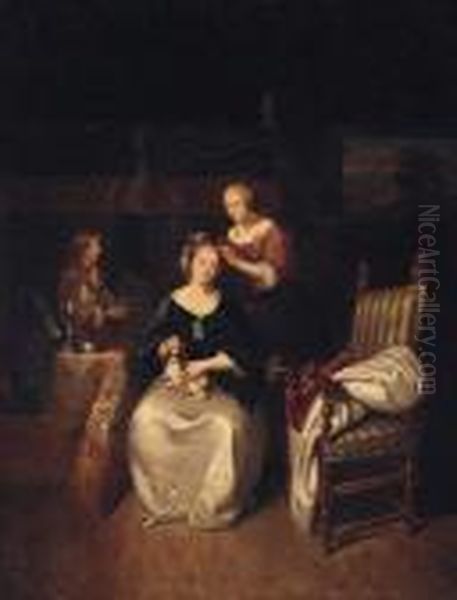 A Lady Seated In An Interior With A Spaniel On Her Lap, A Servanttending Her Hair Oil Painting by Caspar Netscher