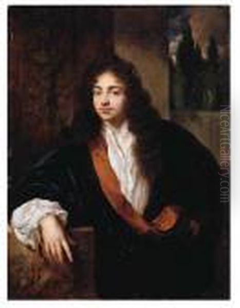 Portrait Of A Gentleman, 
Standing Small Half Length On A Balcony,wearing An Orange-lined Blue 
Silk Dressing-gown With Lace Chemiseand Wig, His Right Arm Leaning On A 
Sculpted Pedestal, A Classicalgarden Beyond Oil Painting by Caspar Netscher