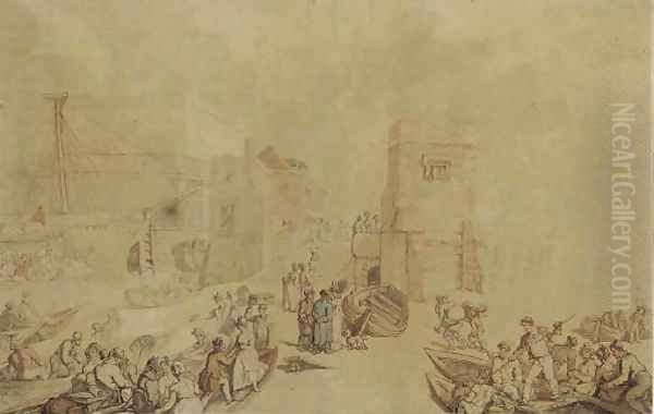 A crowded day in the harbour, with ferry boat passengers alighting onto the foreshore Oil Painting by Thomas Rowlandson