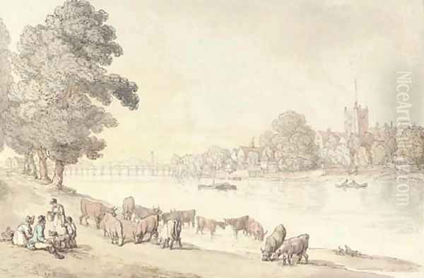 The bridge at Kingston from Hampton Wick side, London Oil Painting by Thomas Rowlandson